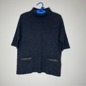 Laurèl Elegant Cashmere Gray Ribbed Turtleneck Sweater with Embellishments